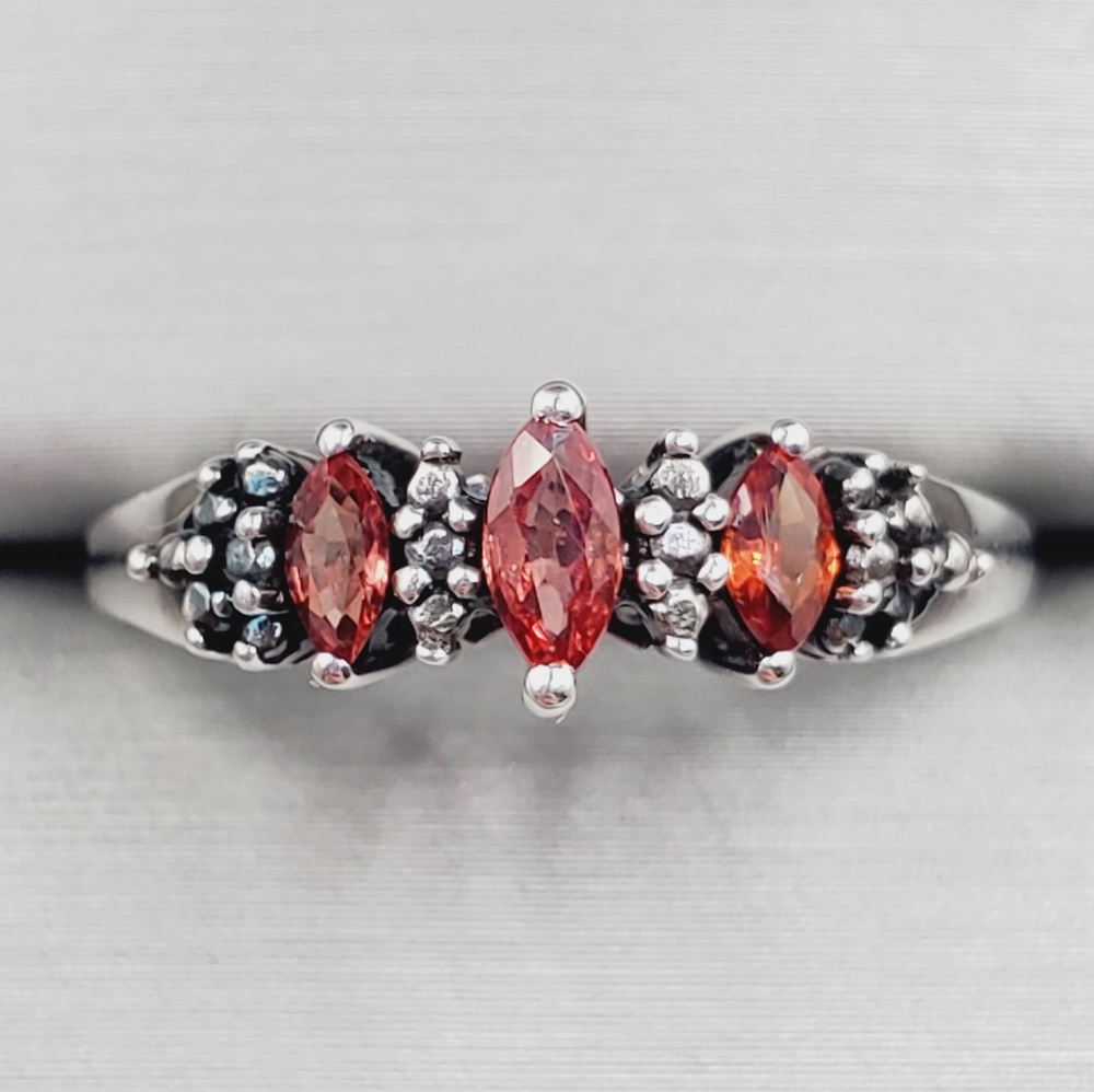 Genuine Red Marquise Ruby 925 Sterling Silver Three Stone Ring